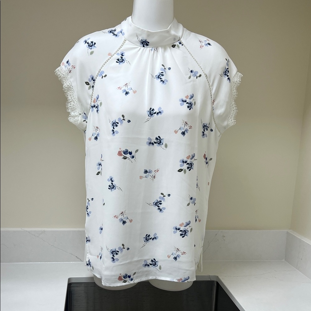 Mix-Media Sleeveless Mock-Neck Floral Blouse Size Small